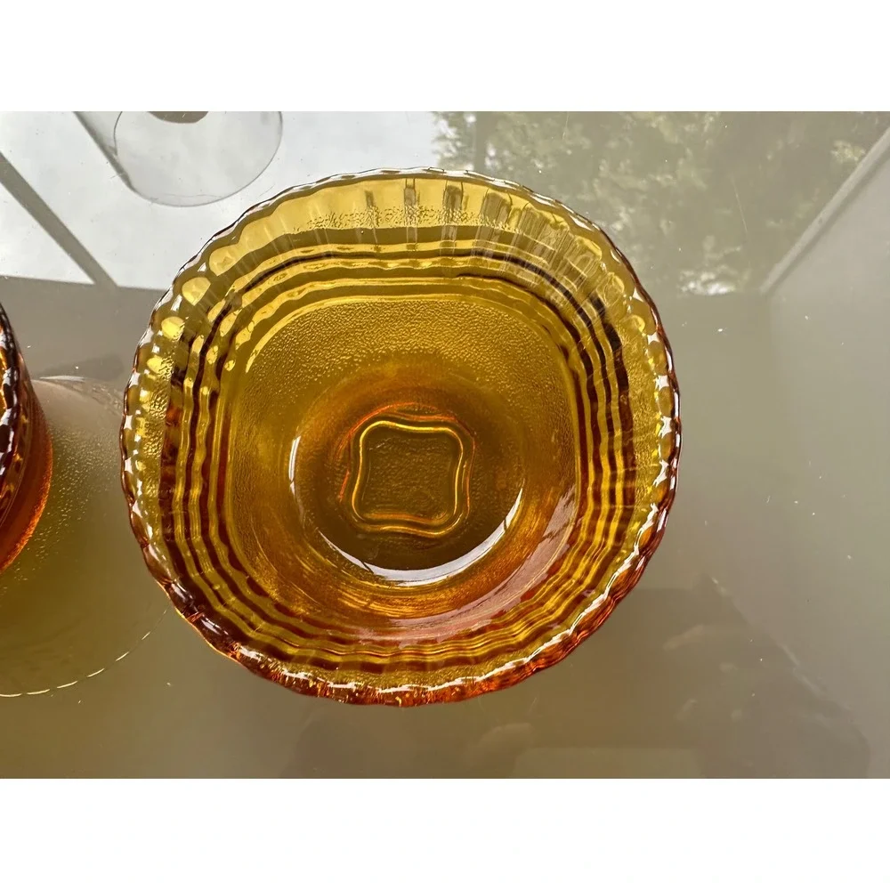 Vintage Rare Duralex Frosted‎ Brown Amber Glass Wave Dessert bowls france set/2